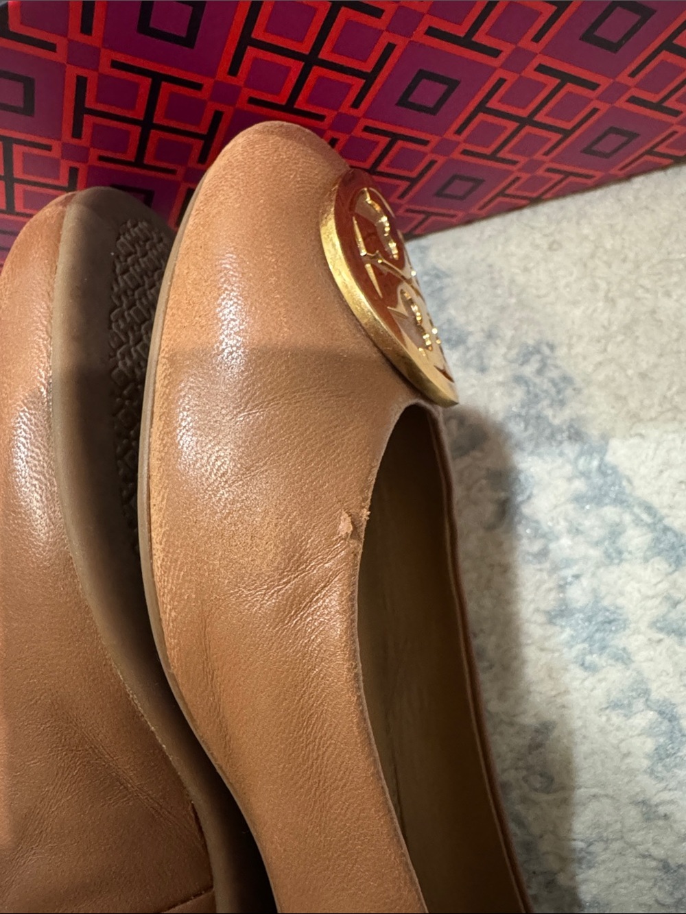 Tory Burch Tan Leather Logo Benton Ballet Flat with Gold Medallion - Picture 8 of 9